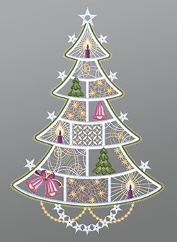 Fensterbild aus Plauener Spitze® - Geschmückter Weihnachtsbaum #1W mehrfarbig