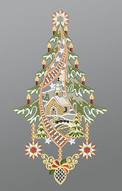 Fensterbild aus Plauener Spitze® - Kirche mit Winterlandschaft und Tannenbaum #1W mehrfarbig