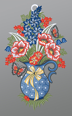 Fensterbild aus Plauener Spitze® - Blumenstrauss in Kanne #1W mehrfarbig