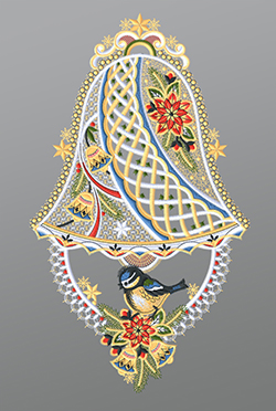 Fensterbild aus Plauener Spitze® - Glocke mit Blaumeise #1W mehrfarbig