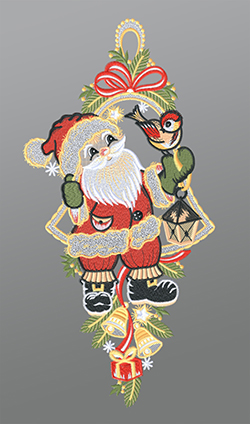 Fensterbild aus Plauener Spitze® - Weihnachtsmann mit Vögelchen #1W mehrfarbig