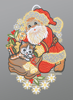 Fensterbild aus Plauener Spitze® - Weihnachtsmann mit Kätzchen #1W mehrfarbig