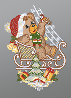 Fensterbild aus Plauener Spitze® - Weihnachtsbär mit Schlitten #1W mehrfarbig