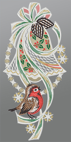 Fensterbild aus Plauener Spitze® - Weihnachtsglocke mit Rotkehlchen #1W mehrfarbig
